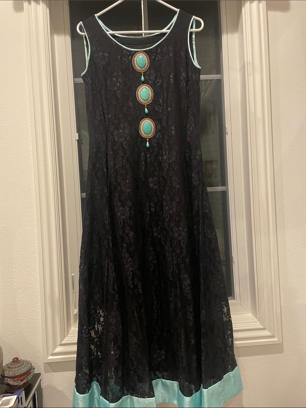 Black Lace A-Line Dress with Aqua Trim and Beaded Accents
